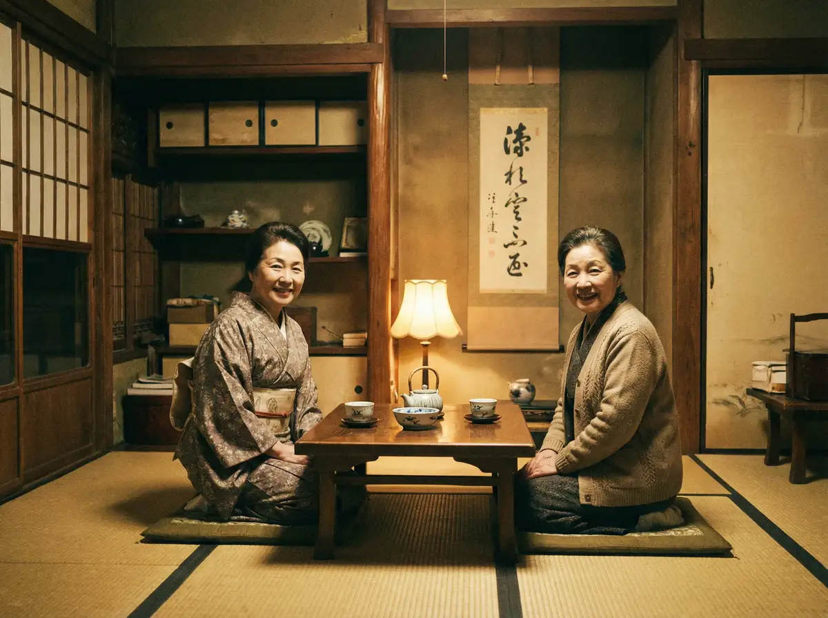 两位优雅的 秘密教学第83话田里开机 在日式茶室中品茶交谈